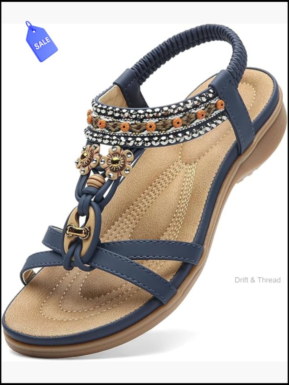 Womens Arch Support Sandals Bohemian T-Strap Flat Sandals Beach Walking Shoes